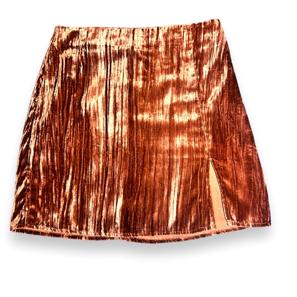 Retro designer velvet soft mini skirt burnt orange size S side slit